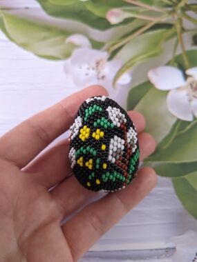 Handmade Beaded Black Floral Easter Egg Ornament - Green, Yellow, White